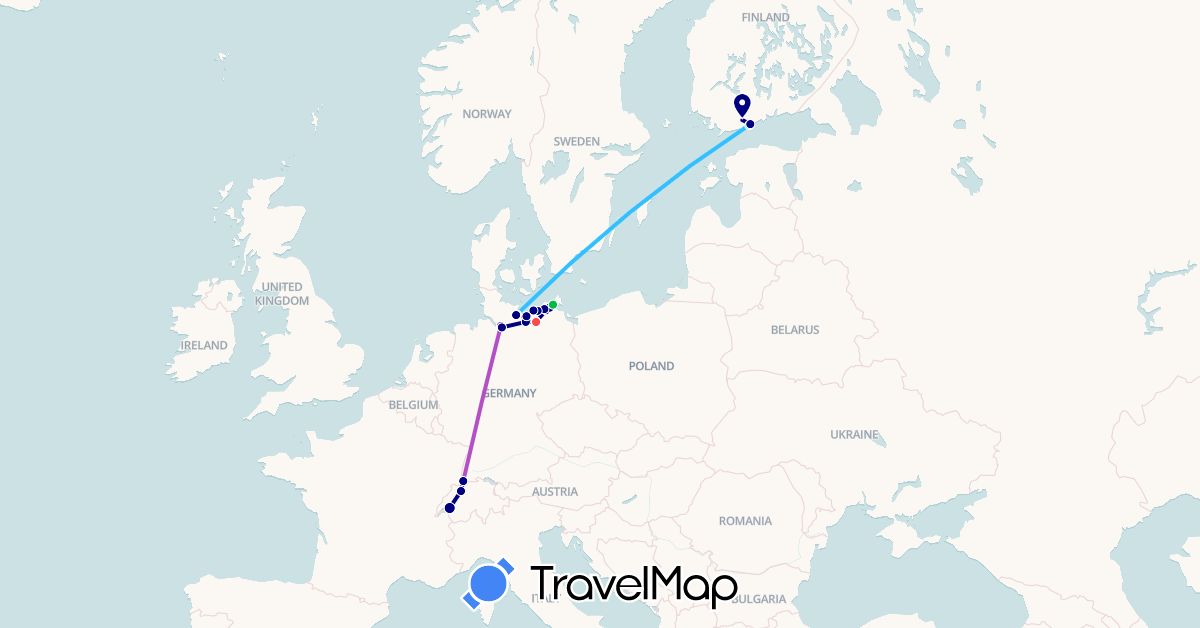 TravelMap itinerary: driving, bus, train, hiking, boat in Switzerland, Germany, Finland (Europe)